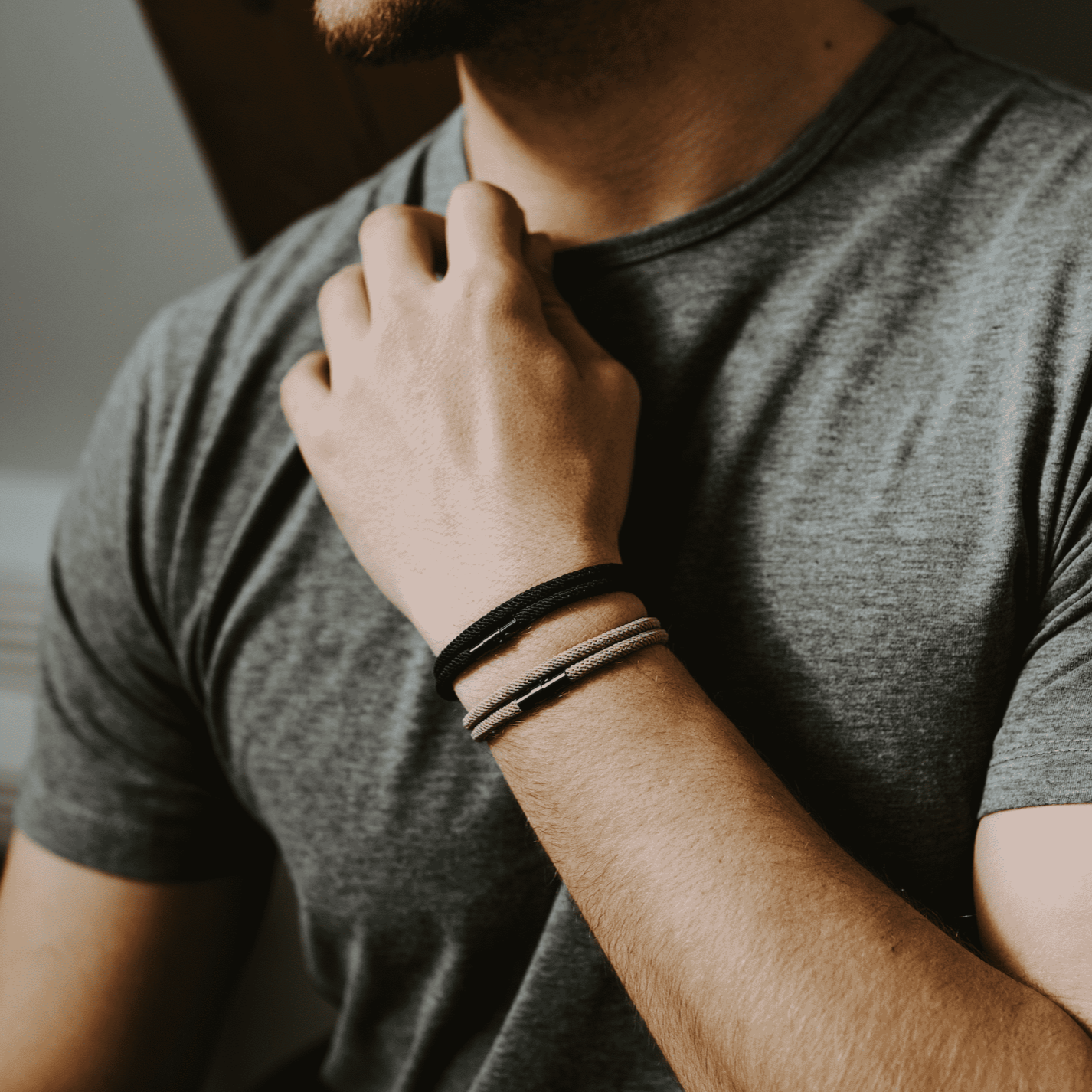 Valcien - Black Rope Bracelet Double Wrap Minimalist Men's Bracelet | Stainless Steel Clasp