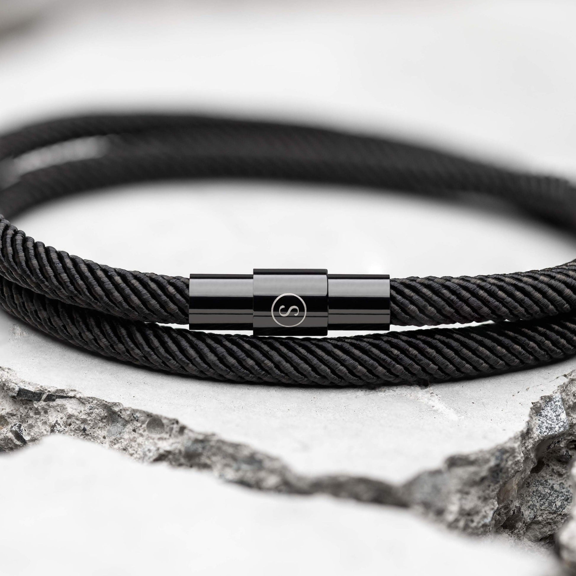Valcien - Black Rope Bracelet Double Wrap Minimalist Men's Bracelet | Stainless Steel Clasp
