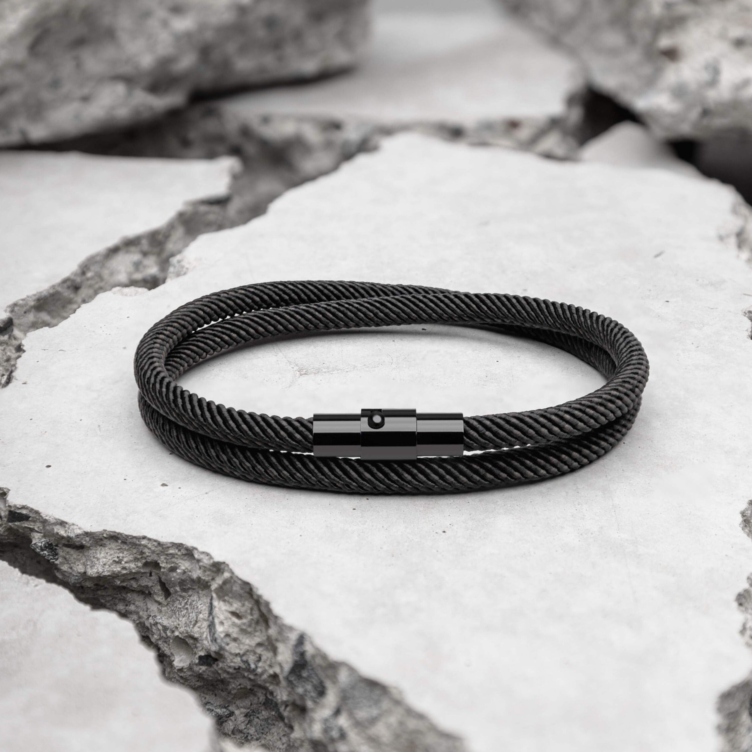Valcien - Black Rope Bracelet Double Wrap Minimalist Men's Bracelet | Stainless Steel Clasp
