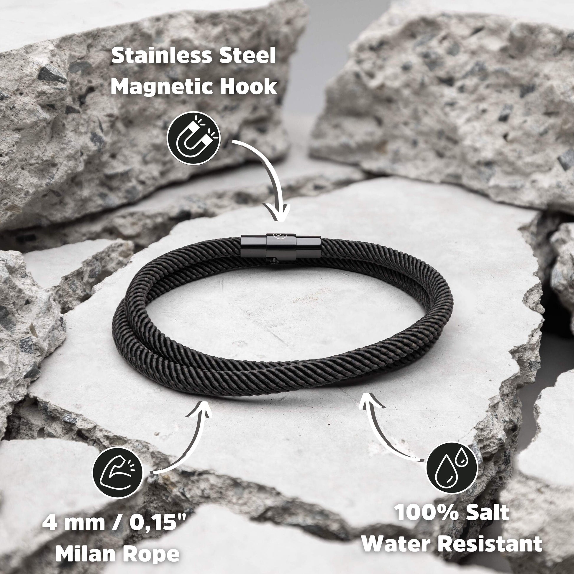 Valcien - Black Rope Bracelet Double Wrap Minimalist Men's Bracelet | Stainless Steel Clasp